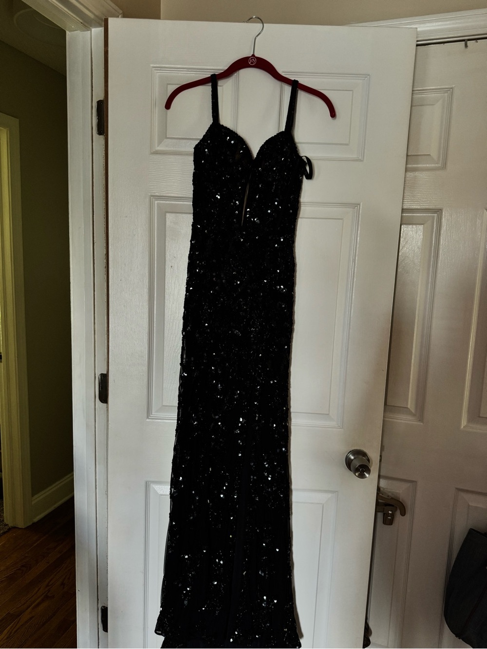 Black Sequin Spaghetti-Strap Evening Gown